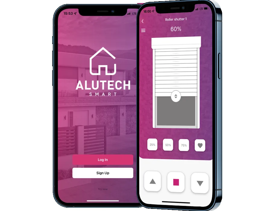 Два екрани застосунку ALUTECH SMART: вхід і керування полотном на 60 відсотків